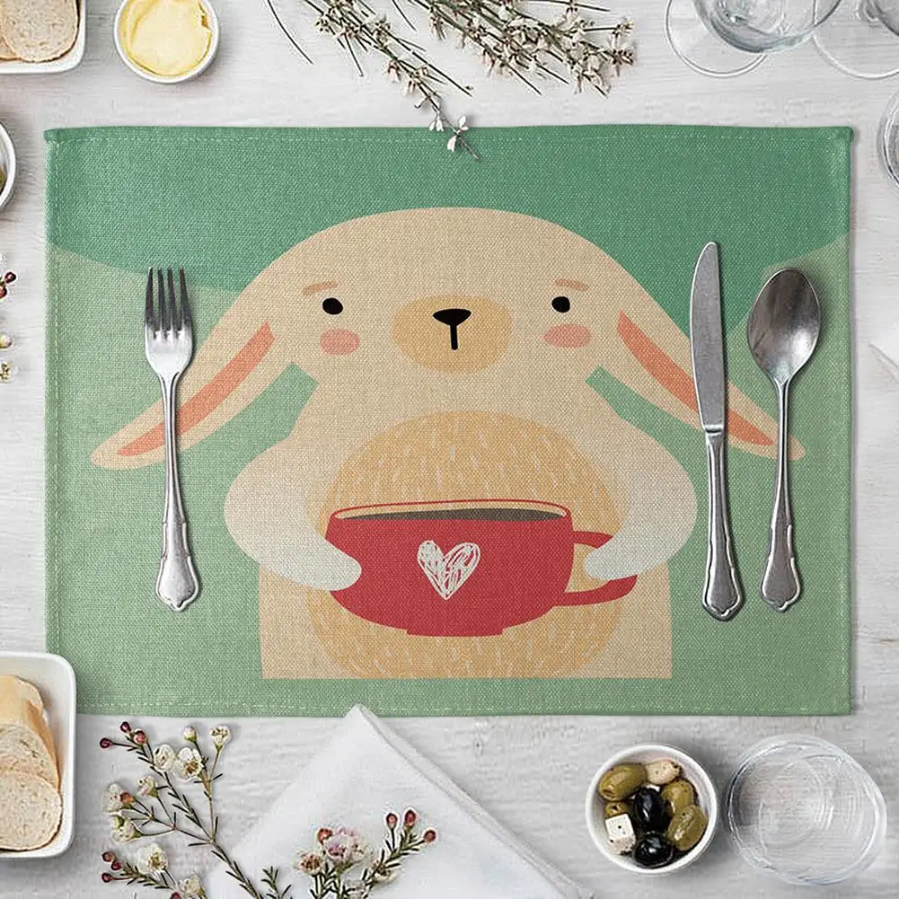 

1Pc Deer Fox Bear Linen Placemat Kitchen Dining Table Mat Bowl Pad Coaster Decor