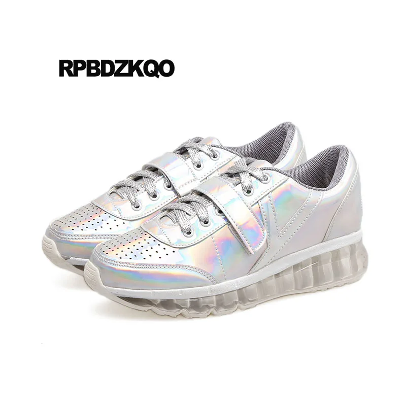 

Silver Creepers Platform Shoes Harajuku Elevator Sneakers Metallic Trainers Patent Leather Thick Sole Plain Muffin Women Wedge