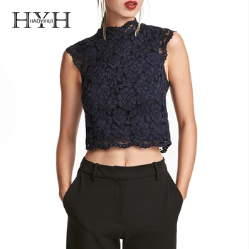 

HYH HAOYIHUI Women Casual Vintage Slim Floral Lace Crop Tops Tank Zipper Back Sleeveless See Through Short Female Cami