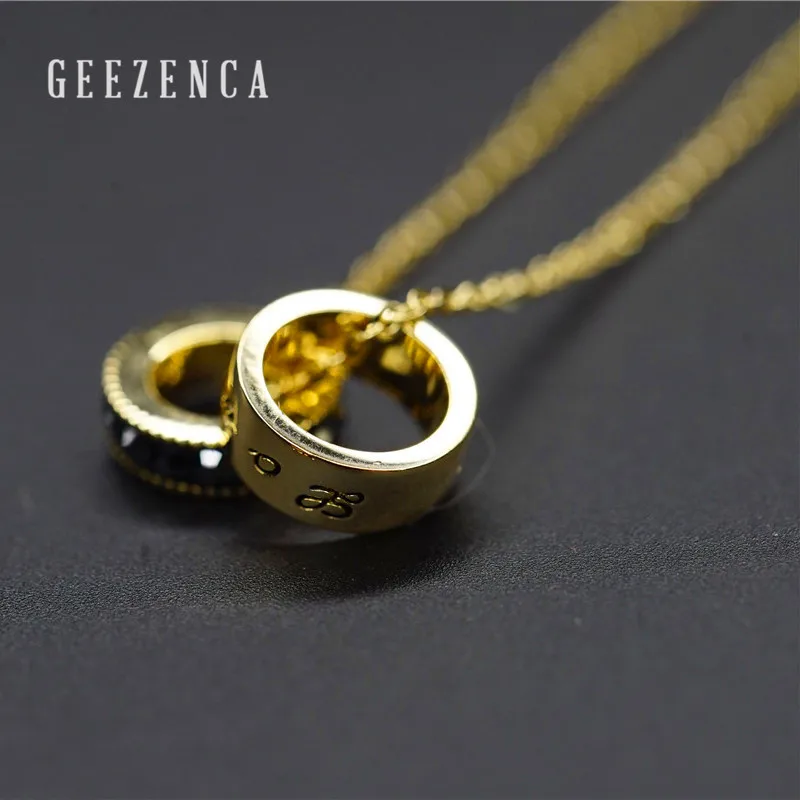 

GEEZENCA-925 Sterling Silver Gold-plated Geometric Double Circles Resin Collarbone Chain Necklace Choker Fine Korean Trendy Gift