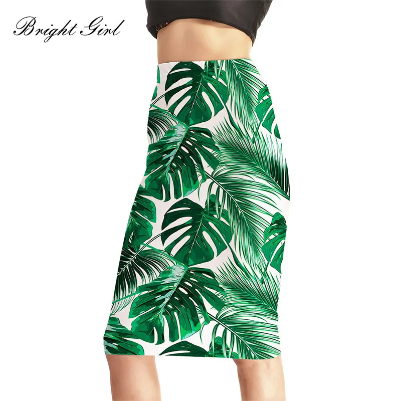 Яркая Женская юбка для девочек, повседневная одежда с цифровым принтом в виде зеленых листьев для девочек, сексуальные Облегающие юбки с высокой талией, большие размеры