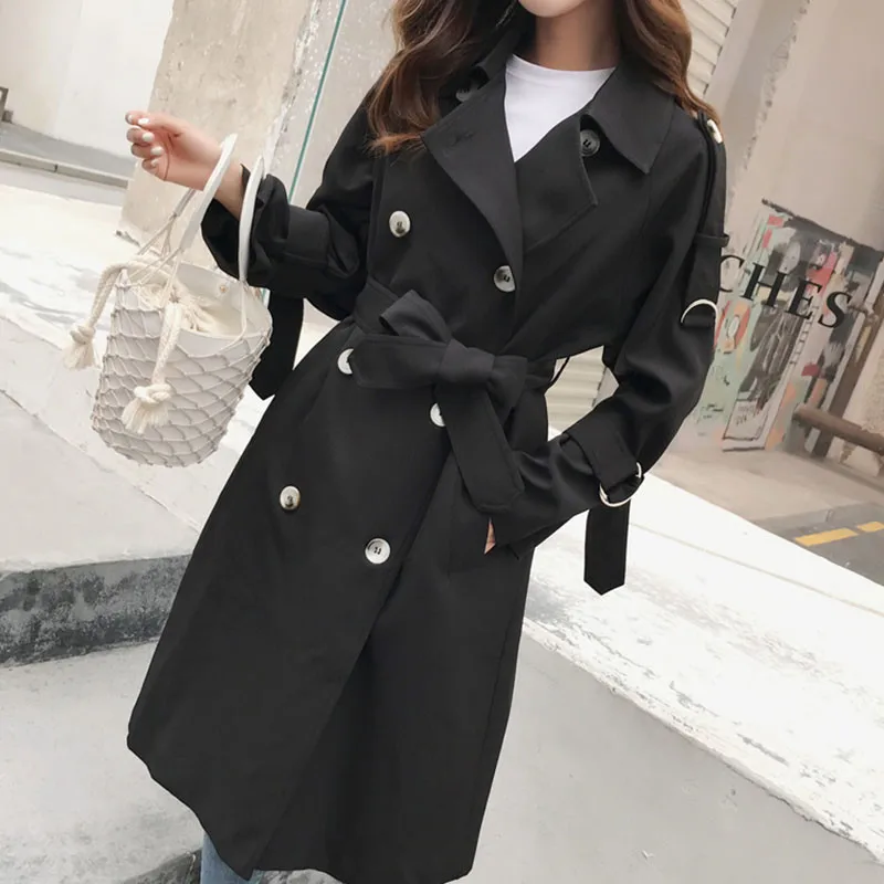 Survêtement Automne H287 D'affaires Noir Lâche Couleur 2018 kaki Femmes Avec Longue Femelle gray Ceinture Breasted Solide Manteau Blue Double Tranchée Classique Bureau adpxgd4