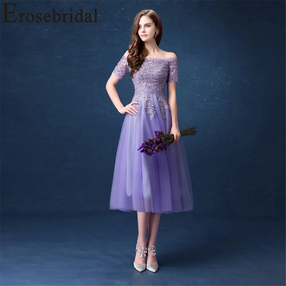 Erosrbridal/фиолетовые короткие платья для выпускного вечера; Новинка года; платье длиной до колена с коротким рукавом; элегантное кружевное бисерное платье на молнии сзади