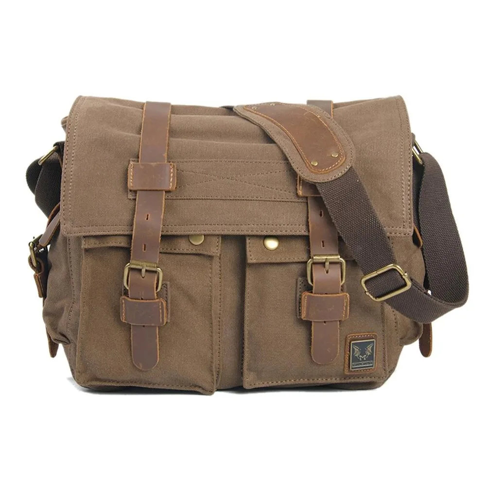 Men&#39;s Vintage Canvas Leather School Military Shoulder Bag Messenger Sling Crossbody Bag Satchel