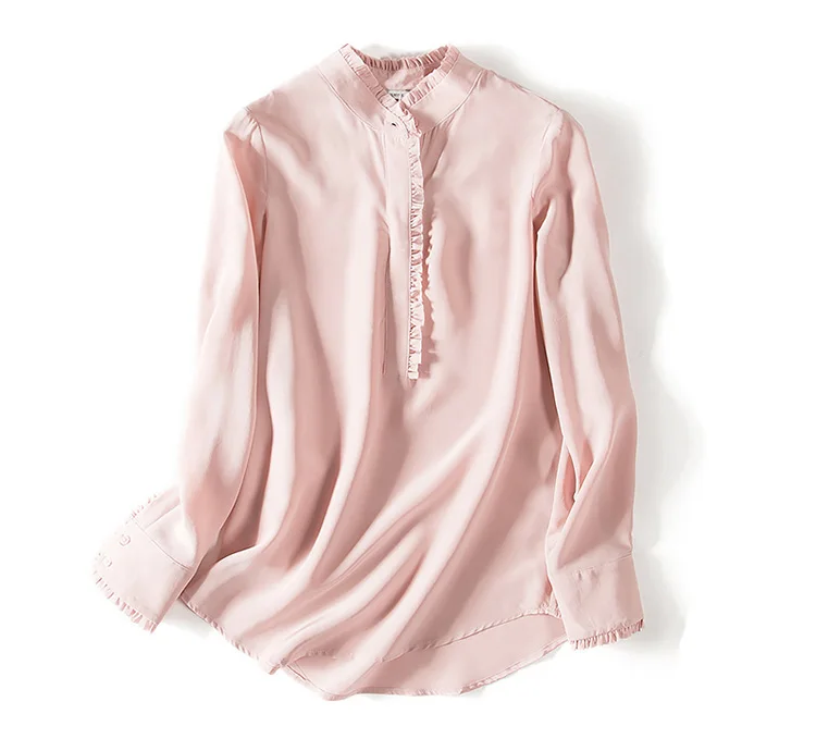 Женская шелковая блуза 23 мм, натуральный шелк, стоячий воротник, длинный рукав, Повседневная блуза, рубашка, Blusas femininas, весна, новинка - Цвет: Розовый