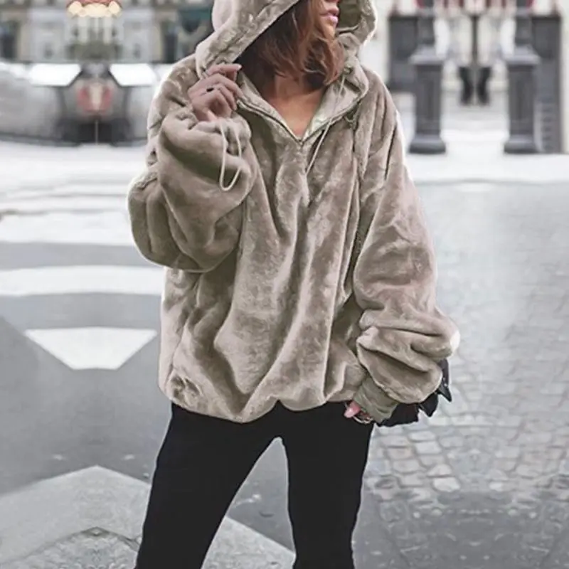 

Winter Autumn Fluffy Outwear Irregular Sweatshirt Plush Hoodies Sweatshirt Long Sleeve Hooded Casual Pullovers Women W1