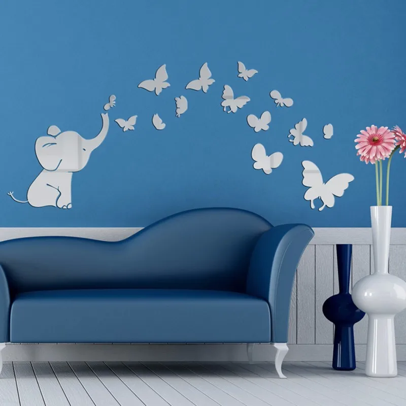 MEYA Cute Elephant Butterflies Acrylic Mirror Surface DIY 3D Wall