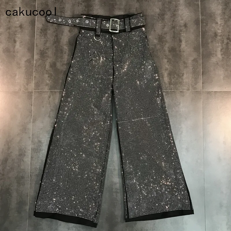 Cakucool Новые блестящие женские брюки с широкими штанинами поясом 2020 на толстой