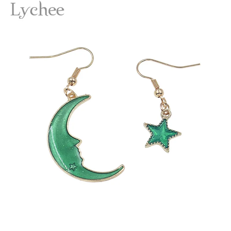 Lychee 1 пара асимметричные сплав звезда луна эмаль висячие серьги женские