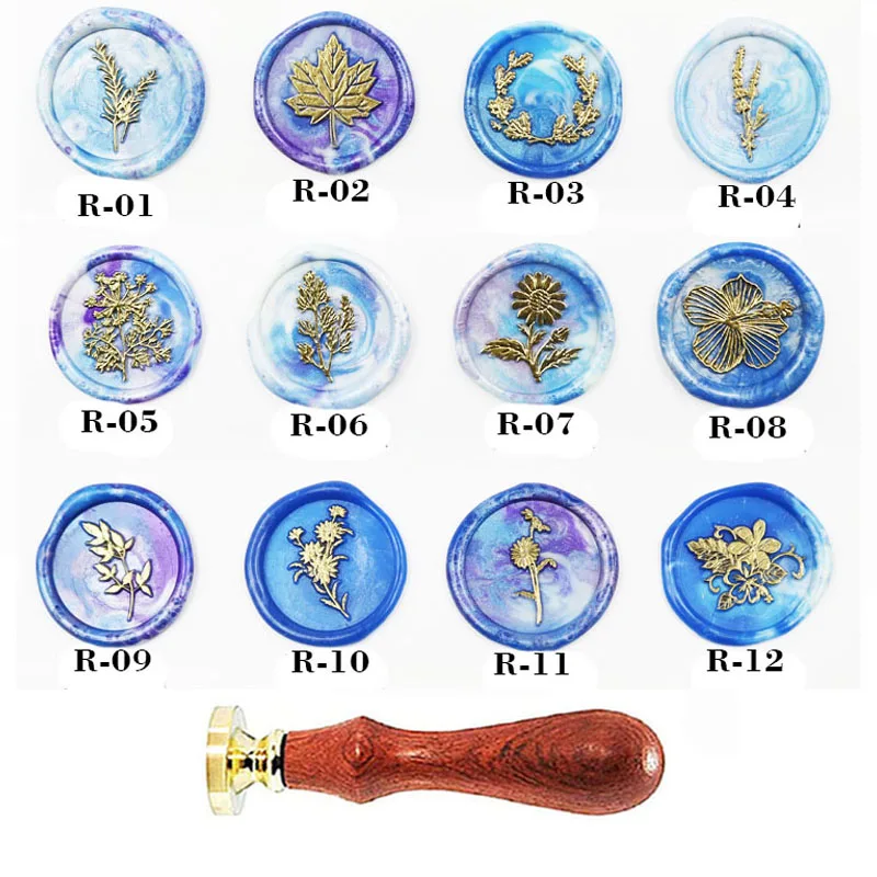 

Natural plants branches Leaf Wax Seal Stamp Set Custom Picture Logo Wedding Invitation Gift Rosewood Handle Set kit