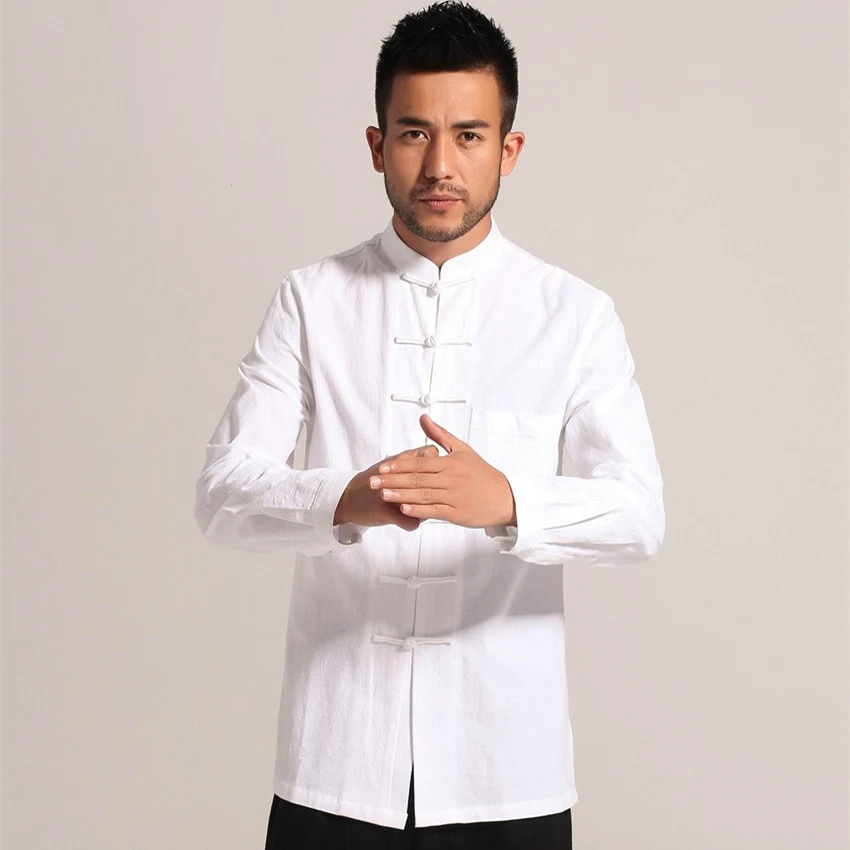 

White Men's Cotton Linen Long sleeve Kung Fu Shirt Classic Chinese Style Tang Clothing Size S M L XL XXL XXXL Hombre Camisa Mim