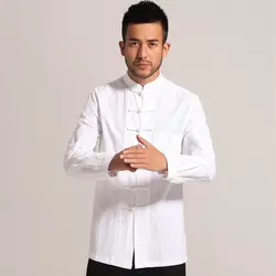 Белый Для мужчин хлопок лен с длинным рукавом кунг-фу Рубашка Классический китайский Стиль Тан Костюмы Размеры размеры S M L XL XXL, XXXL Hombre camisa Mim