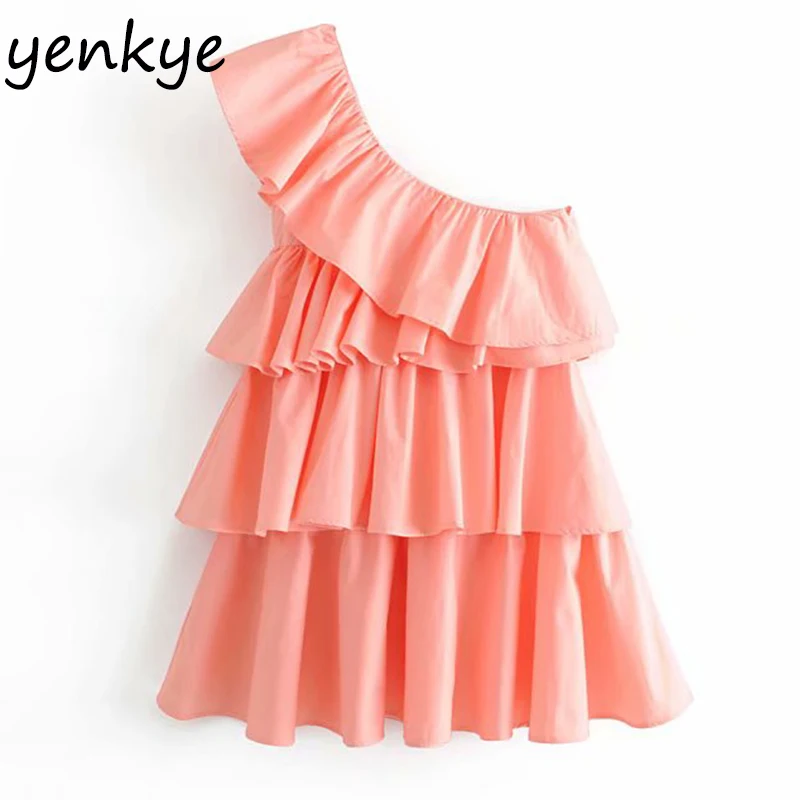

Fashion 2019 Women Pink Layered Ruffle Asymmetric Dress Sexy Lady Oblique Neck Sleeveless Mini Party Dress Summer vestidos