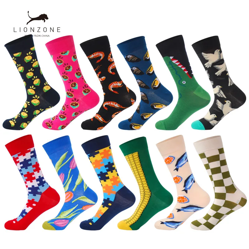 

LIONZONE 12Pairs/Lot Funny Men's Casual Combed Cotton Socks Dozen Pack Corn Shrimp Crocodile Dove Fish Patterns Dress Socks