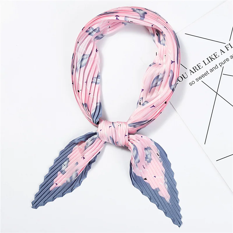 

2019 Women's Small Silk Square Scarf Crinkle Hair Scarfs for Ladies Pleated Scarves Printed Female Bandana Foulard 100*30CM
