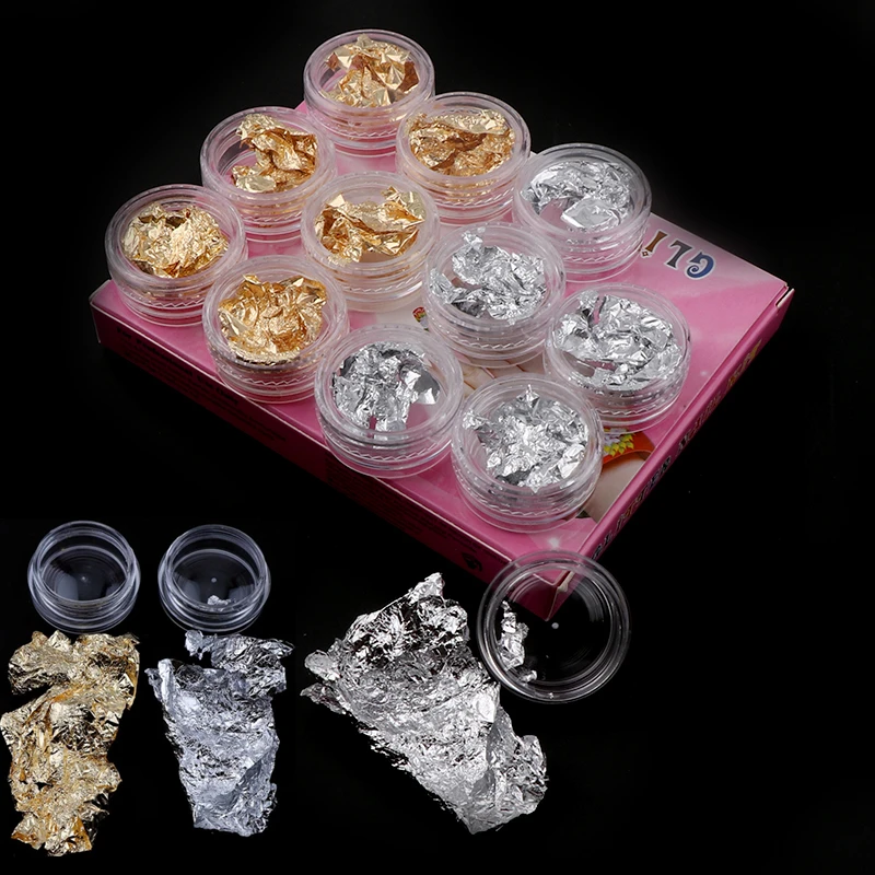 

12 Pcs/Set Nail Art Gold Silver Paillette Flake Chip Foil Kit Acrylic Gel Polish Tips 3D Design Sticker Manicure