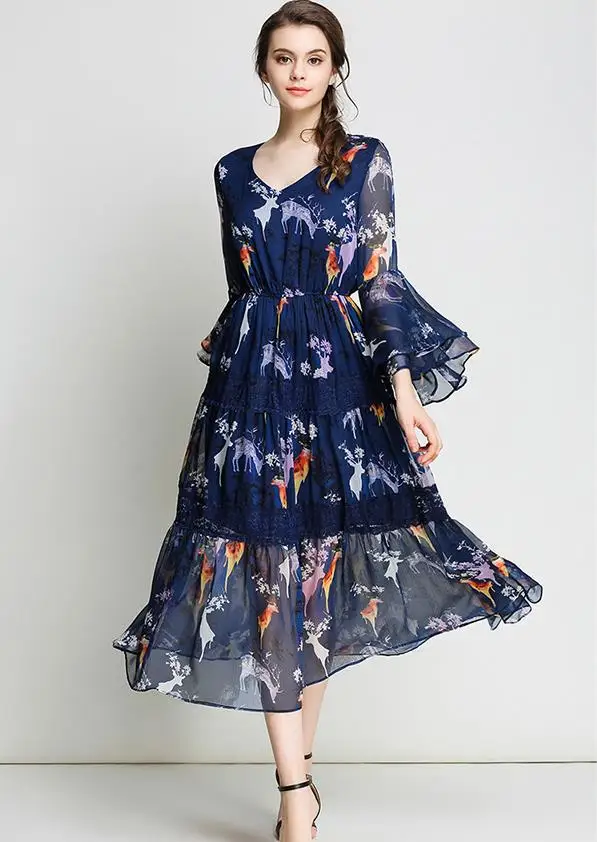 

Free Shipping 2017 Bohemian New Spring Design V Collar Flower Printing Flare Sleeve Chiffon Dress Deep Blue