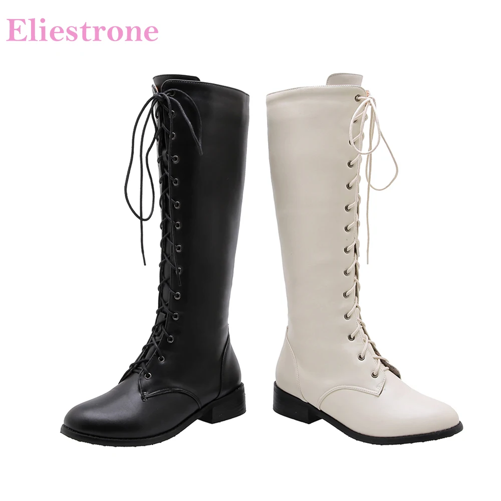

2019 Winter Brand New Fashion Black Beige Women Knee High Boots Chunky Heels Lady Riding Shoes BB018 Plus Big Size 10 32 43 46