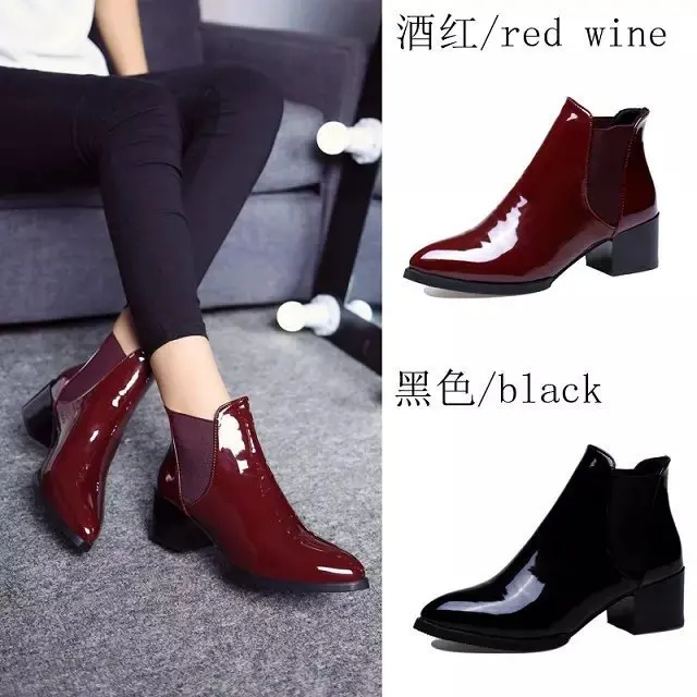 New Arrival Fashion Shoes Women Boots Elasticated Patent Leather Ankle Boots Pointed Low Heel Boots Female Sexy Shoes