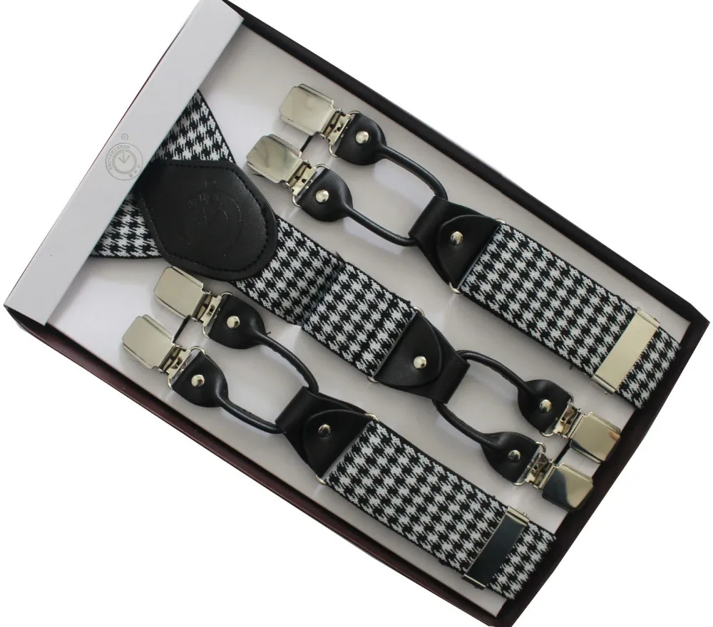 Free-Shipping-2018-New-Male-Fashion-3-5Cm-Black-White-Houndstooth-Six-Clip-Suspenders-Braces-For