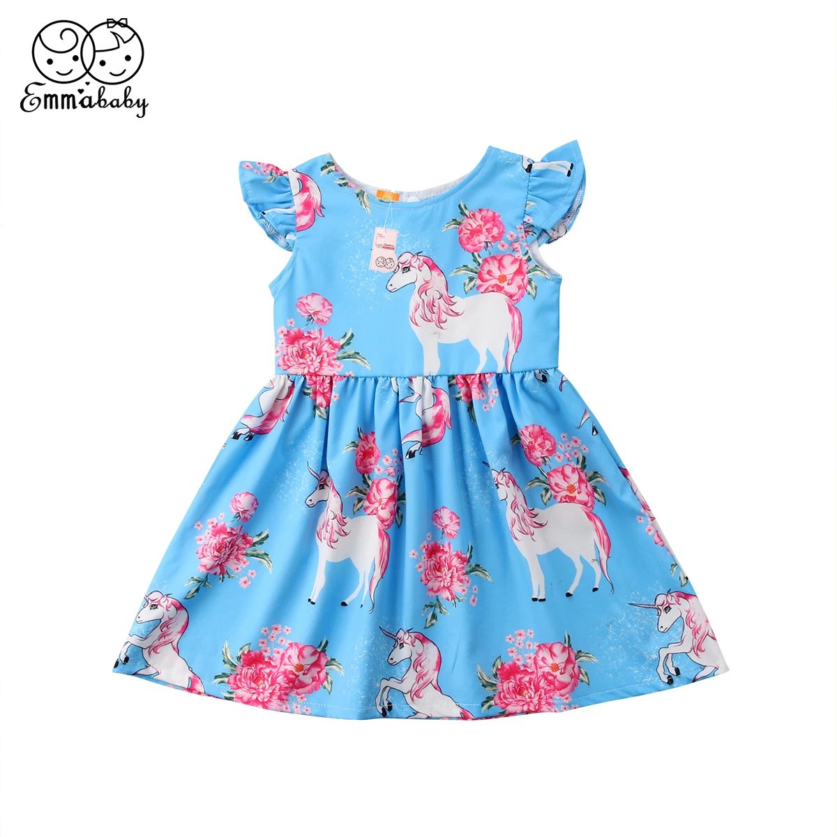 

Fashion Girl Unicorn Dress Summer Kids Fly Sleeve Floral Party Blue Sundress Cute Girl Short Sleeve Clothes Children's Clothing