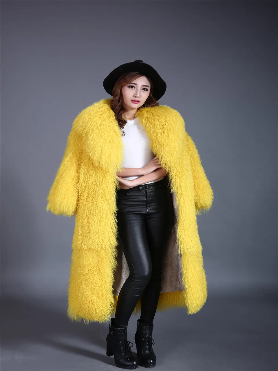 

New Genuine Mongolia Sheep Fur coat Women full pelt Sheep Fur Jacket with big collar 100cm length customiz plus size F45