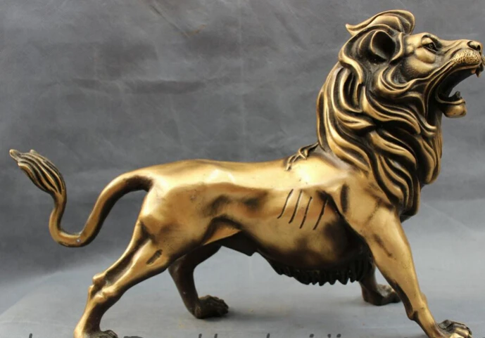 

JP S0114 16" Chinese Bronze Wealth Wild Foo Fu Dog Lion Head Statue Animals Figurine B0403