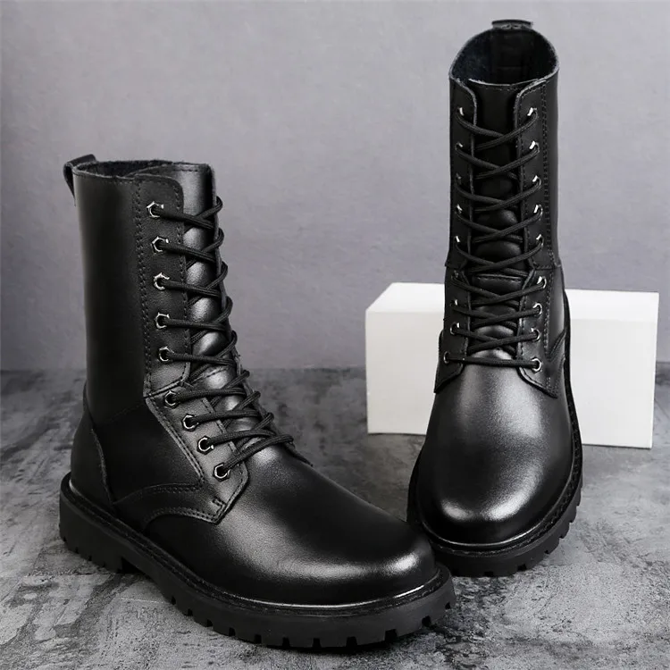 Merkmak Genuine Leather Snow Boots Autumn& Winter Military Boot Plush Outdoor Casual Men's High Boots Footwear Lace up Flats