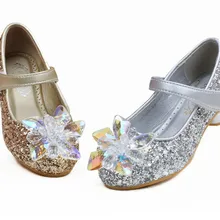 Новинка года для девочек на высоком каблуке вечерние блестками ткань синий Розовая обувь Ремешок на щиколотке Снежная королева детей Туфли-лодочки для девочек обувь 25-35