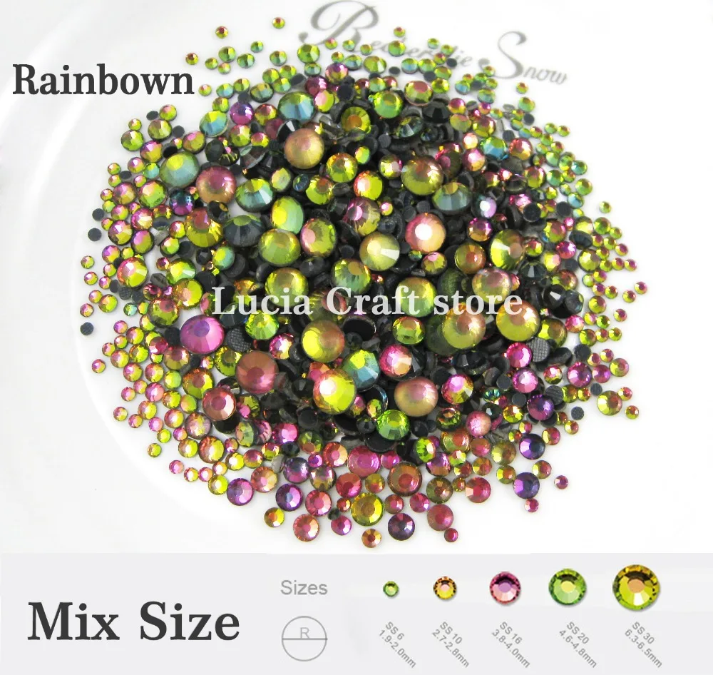 

500pcs/bag Rainbow Color Mixed Sizes Glass Rhinstones Flatback DIY Hot Fix Stones G0103