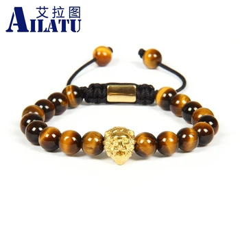

Ailatu Wholesale 10pcs/lot 8mm Natural Yellow Tiger Eye Stone with Stainless Steel Lion Head Macrame Bracelet Not Fade