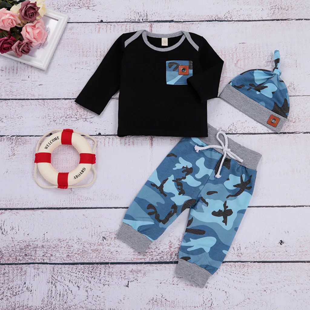 Newborn Infant Baby Boy Camouflage T shirt Tops Pants Hat Set Outfits Clothes Baby Girls Boys Children Sweatsuit Clothes Set