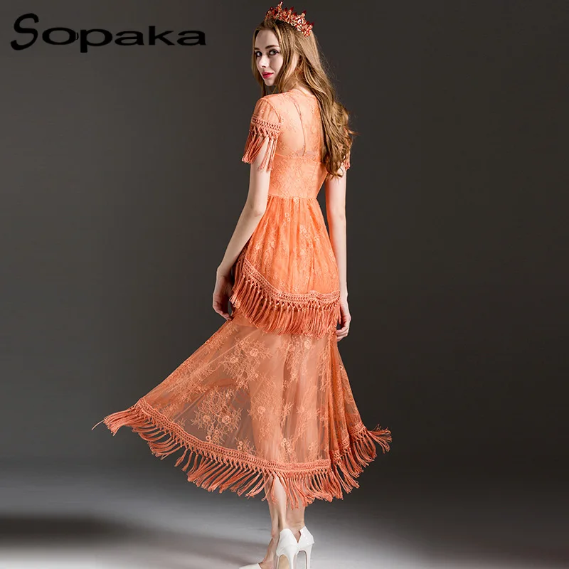 Image SOPAKA High Quality Same As Star Style Casual Empire Slim Tassel Lace Runway designer Women Dress . 2017 Summer Sexy Dress Black