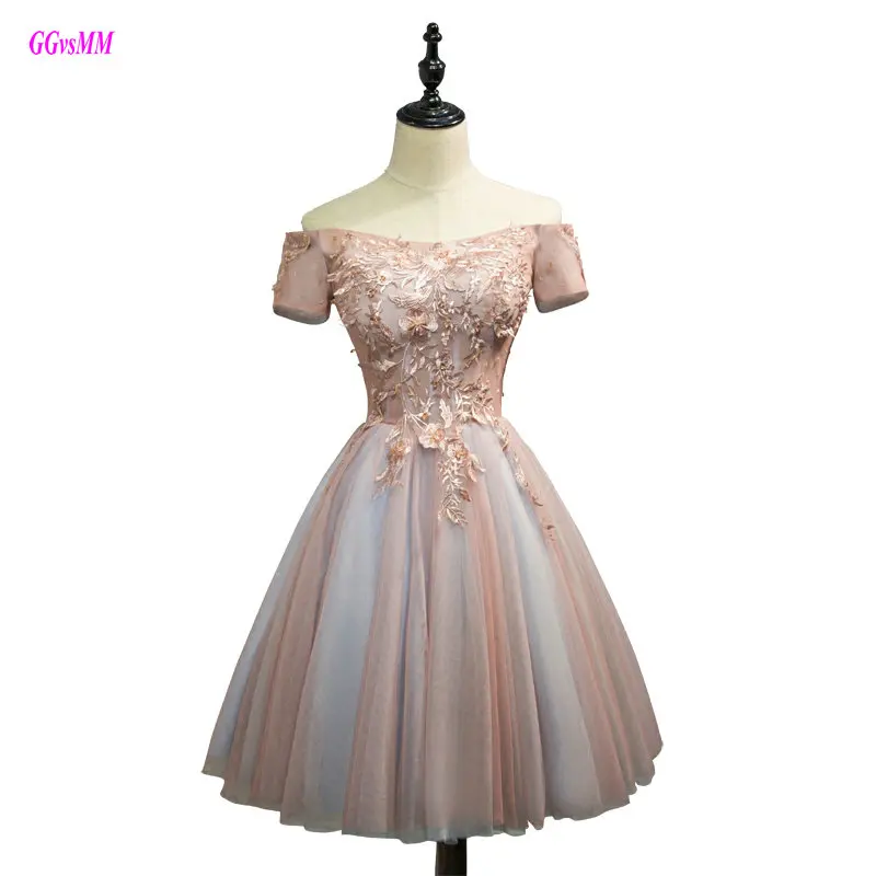 

Gorgeous Multi-Colored Prom Dresses 2019 Fast Shipping Boat-Neck Tulle Appliques Prom Party Dress Short Sexy Graduation Dresses