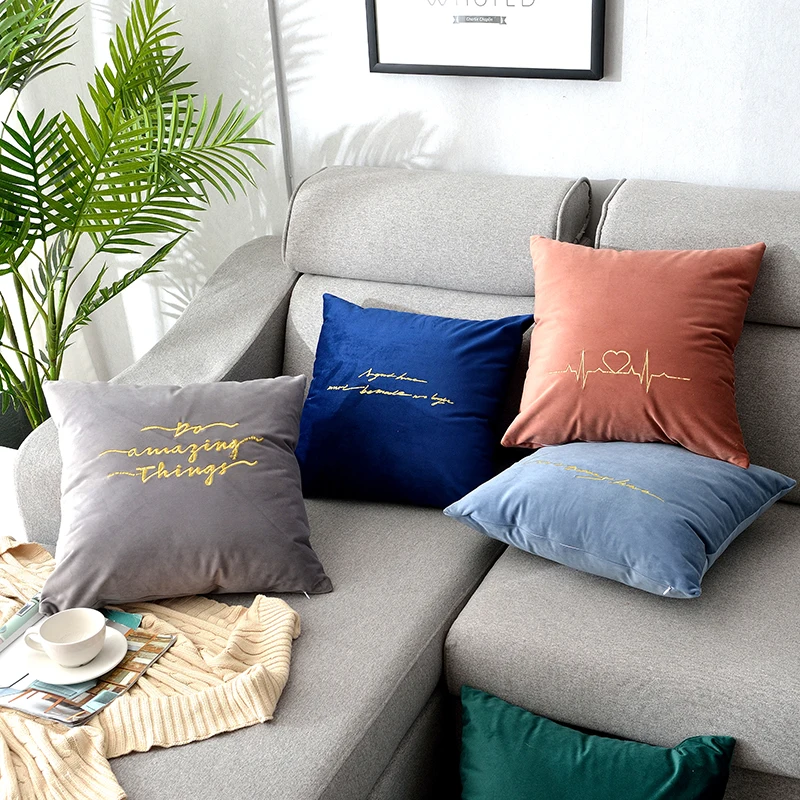 

Home Decor Embroidered Solid Cushion Cover Grey Blue Pink English Letter Cotton Square Velvet Embroidery Pillow Cover 45x45cm
