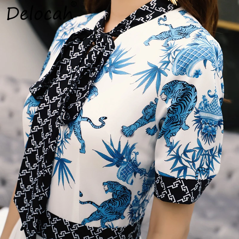 Delocah New 2019 Women Summer Drerss Runway Fashion Designer Bow Animal Print High Waist Elegant Vintage Ladies Pleated Dresses