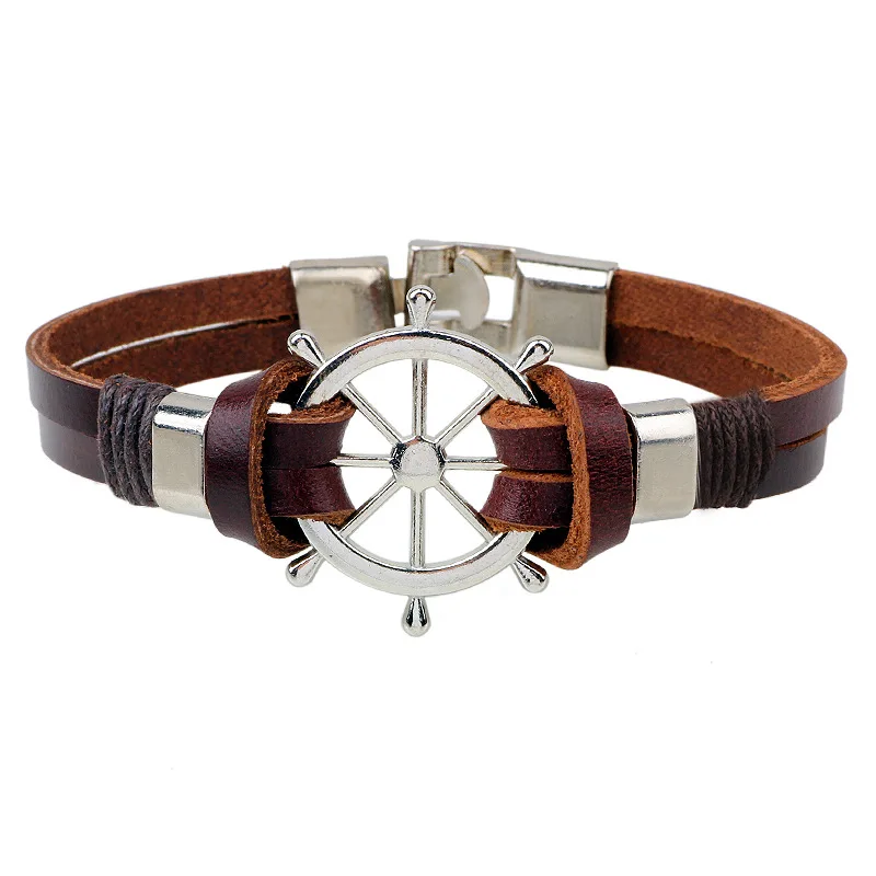 

2018 Handmade Retro Rudder Anchor Leather Bracelet Vintage Braided Bracelet Male Accessories Men Jewelry