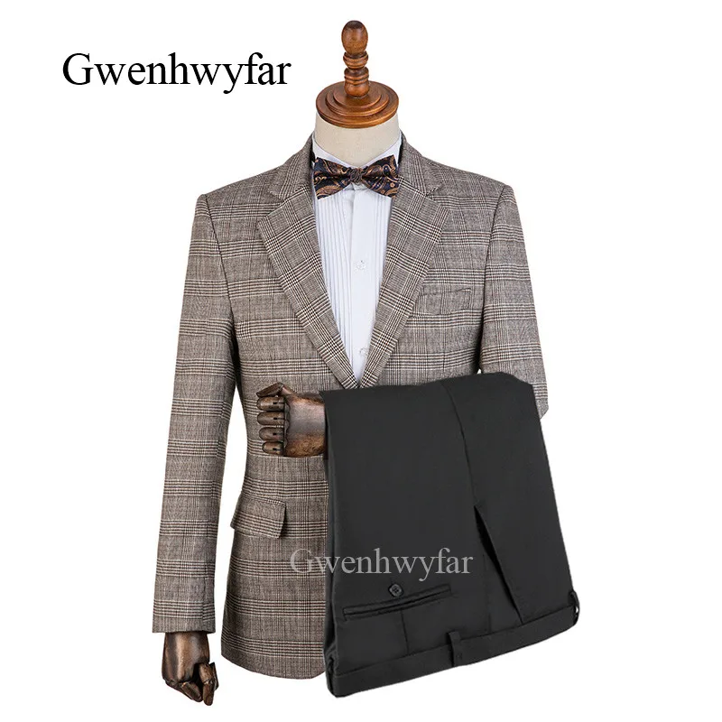 

Gwenhwyfar Latest Coat Pant Designs Winter Warm Suits For Men Custom Brown Plaid Slim Fit Groom Tuxedos High Quality Men's Suits