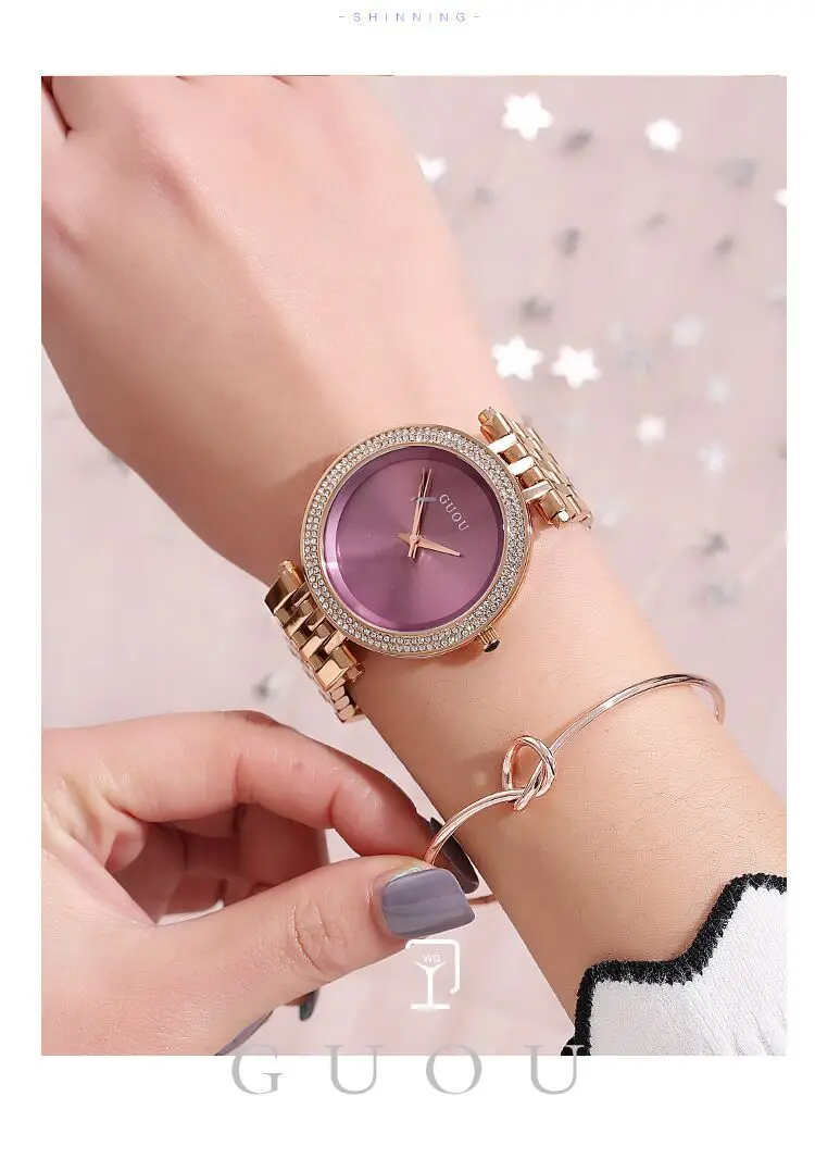 Браслет Для женщин Часы GUOU Мода Роскошь розовое золото простые женские часы Блестящий Алмаз relogio feminino saat