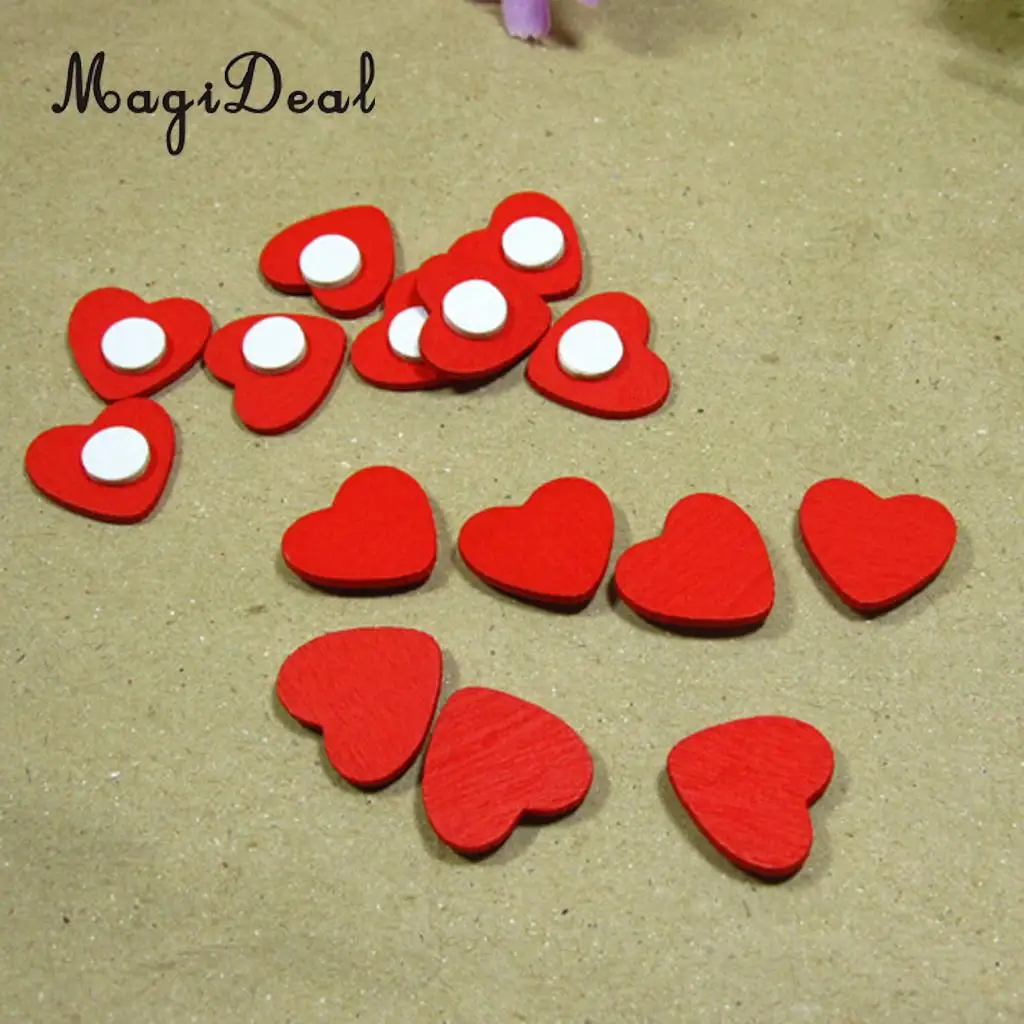 100Pcs Wooden Red Heart with Tape for Scrapbook Craft Wedding Decoration Valentine Day Birthday Party DIY Crafts Decoration 