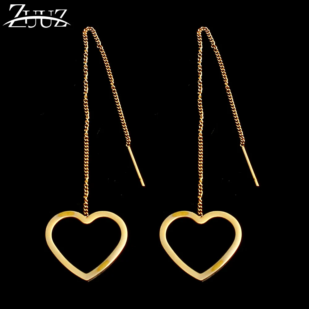 

ZUUZ gold heart long drop earrings for women hanging female fashion earring brincos earing stainless steel jewelry accessories