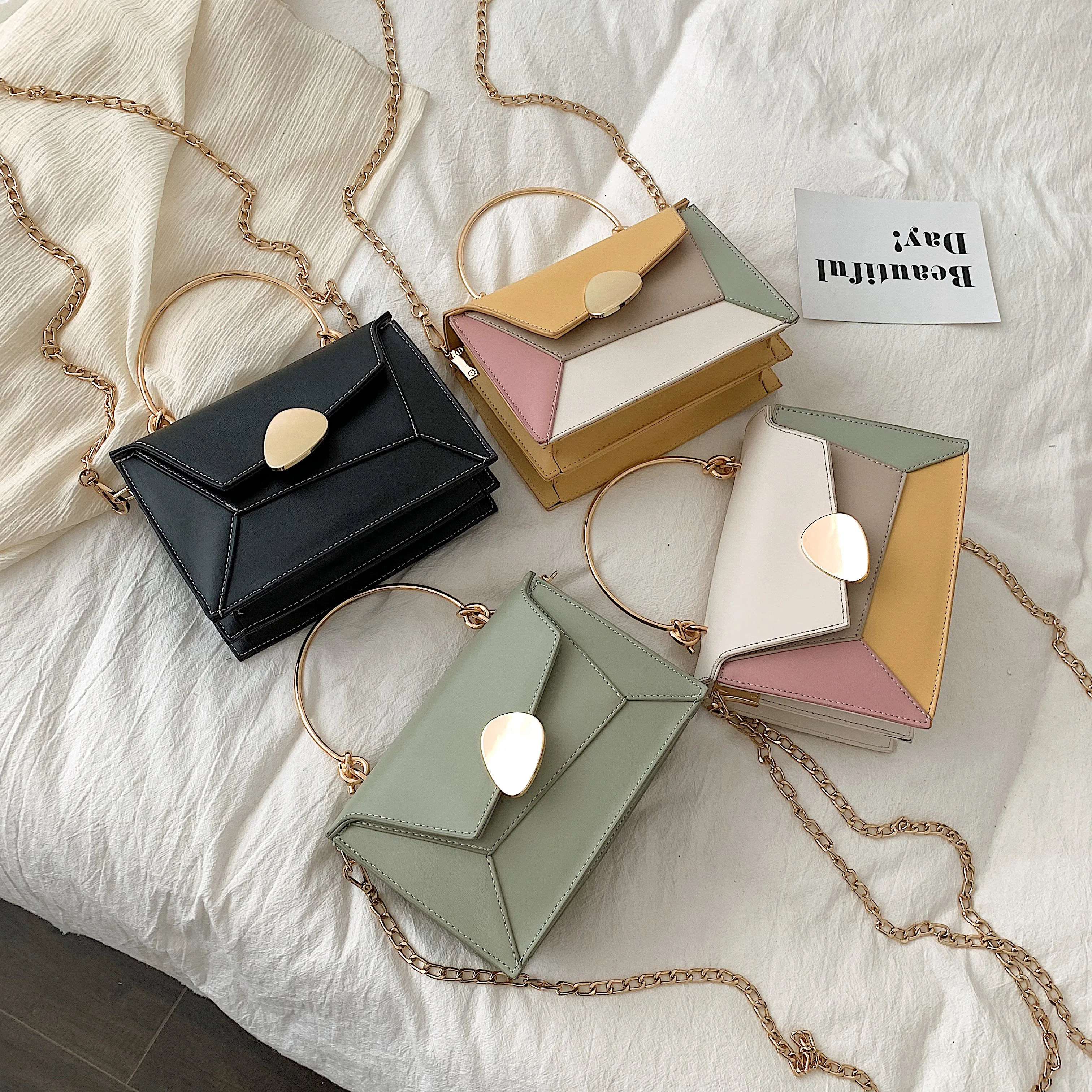  Contrast Color PU Leather Crossbody Bags For Women 2019 Chain Handbags with Metal Handle Shoulder M - 33051286061
