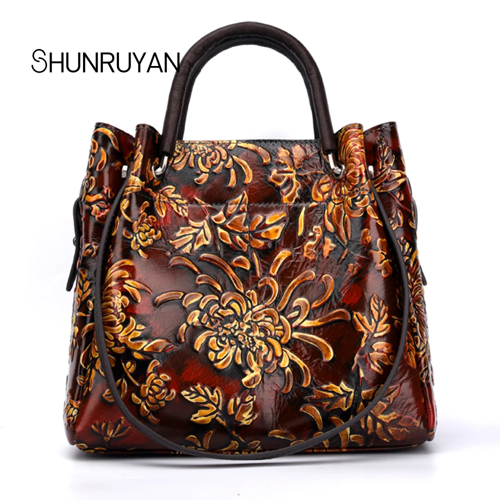 

SHUNRUYAN 2018 New high-quality leather handbags women's cowhide shoulder bag Vintage embossed temperament coreopsis handbags