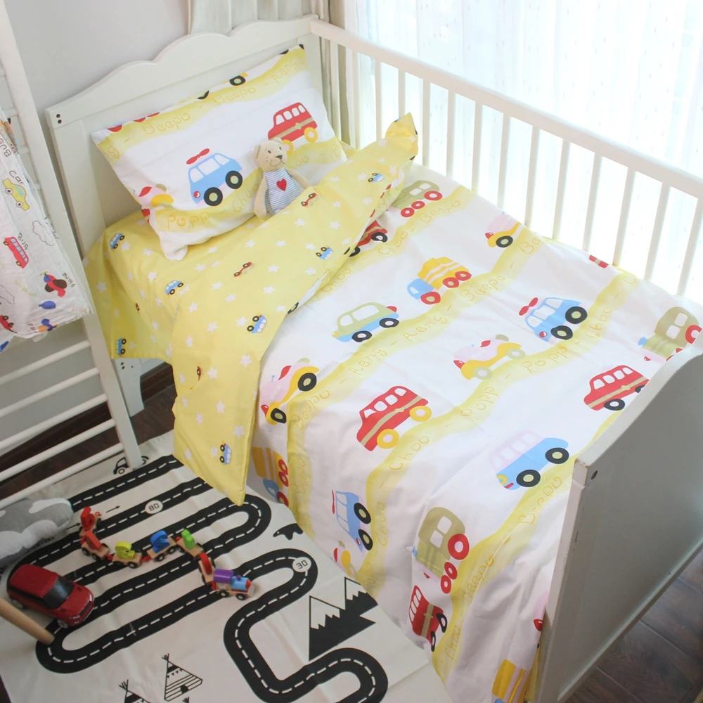 

3pcs a set Boy bedding set Baby Bedding Set yello cars design Cotton Crib Bedding Set For Newborn for 120*60cm 130*70cm bed