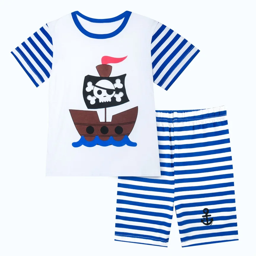 Детская Пижама с динозавром для мальчиков и девочек, детский пижамный комплект с акулой, единорогом, пиратским кораблем, русалочкой, детская одежда для сна с героями мультфильмов - Цвет: Pirate