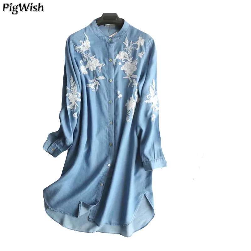 

2018 Vintage Women Blouses Floral White Embroidery Stand Collar Long Design Soft Jeans Shirt Female Tencel Denim Blouse Tops