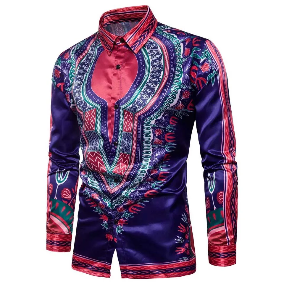 Африканская традиционная одежда, рубашка Дашики с принтом и длинными рукавами, отложной воротник, тонкий крутой модный дизайн, Мужская футболка