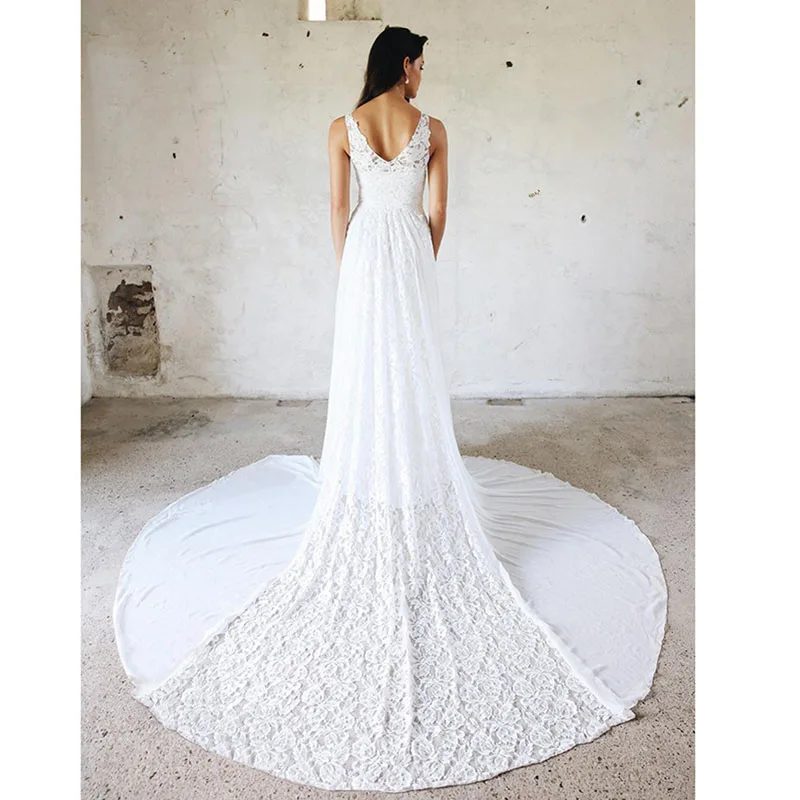LORIE Beach Wedding Dress Lace V Neck Boho Wedding Gown Custom Made Simple Princss White Ivory Brde Dress Free Shipping  2019