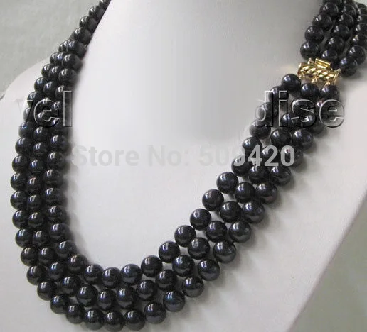 

~~ Free Shipping >>Beautiful AAA 21-23" 3row 9mm black round freshwater pearl necklace