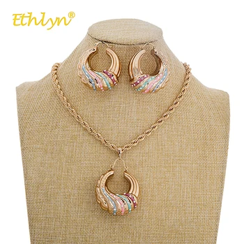 

Ethlyn Retro Female Jewellery Sets Colorful Round Crystal Pendant Necklace Earrings Jewelry Set for Women Wedding Bridal Jewelry
